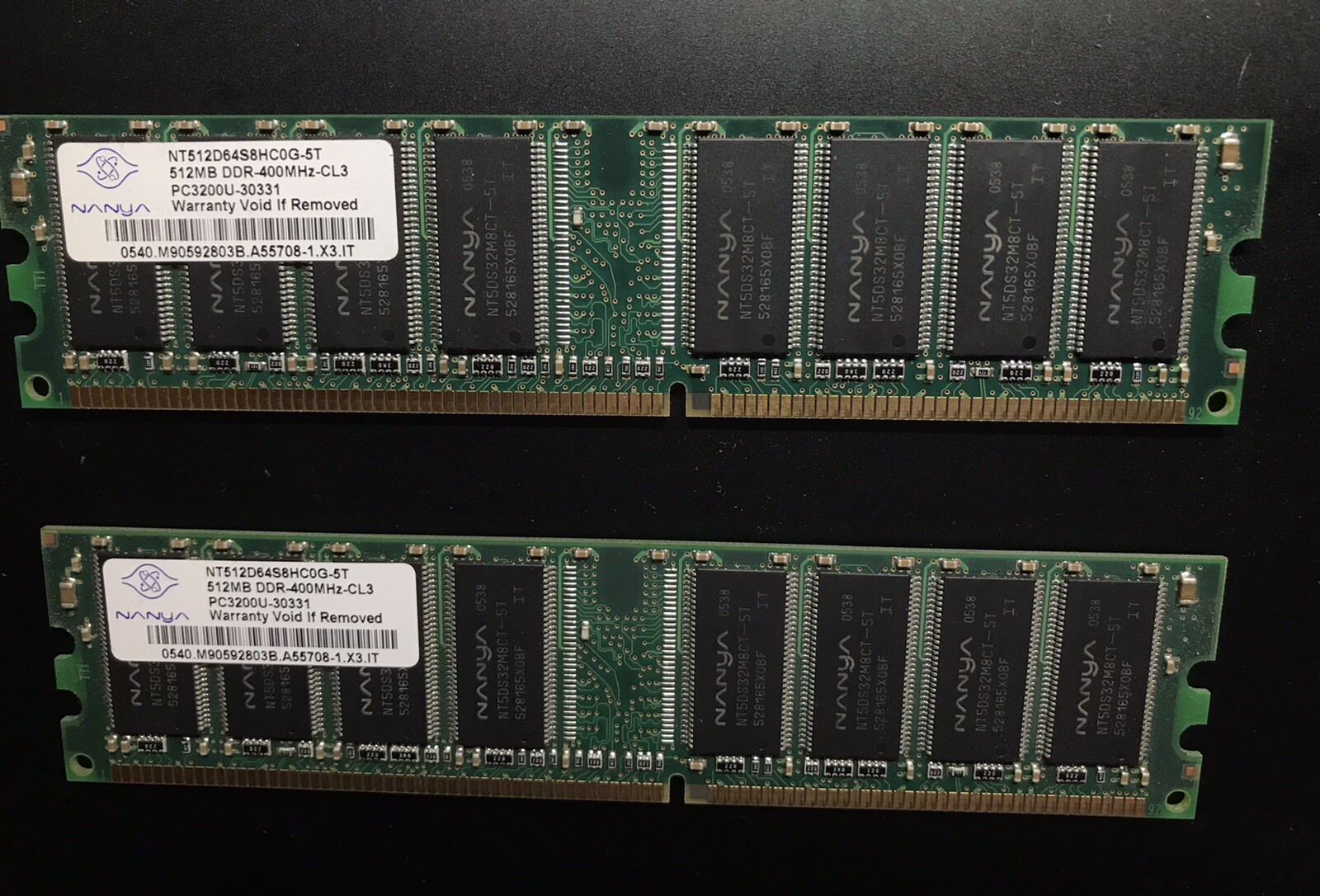 Two Nanya PC-3200U 512 MB DIMM 400 MHz DDR CL3 SDRAM Memory, Total: 1 GB
