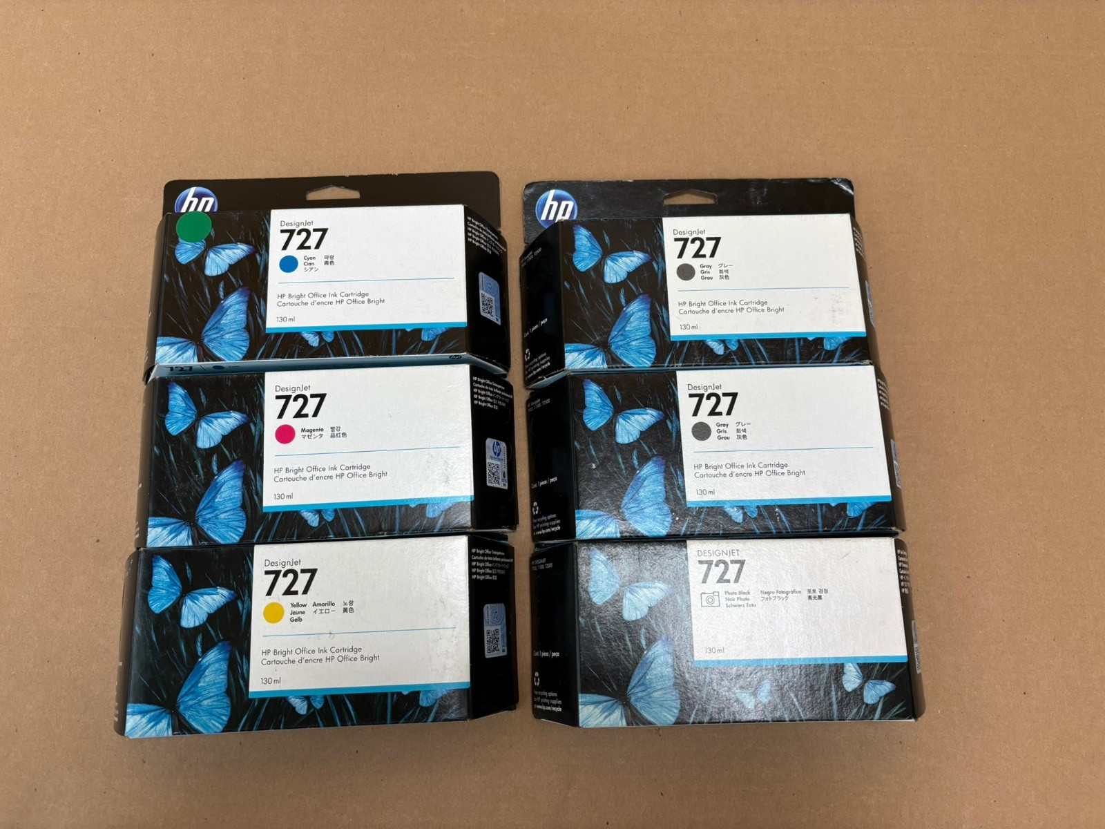 6 OEM HP 727 DJT900, T1500 C,M,Y,G,G,PK inks B3P19A,20A,21A,23A,24A (2020-2021)