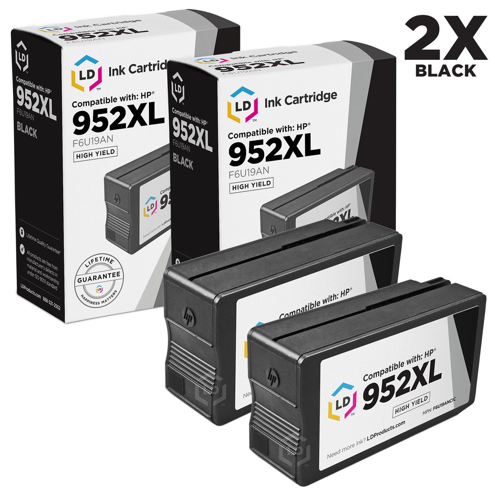 LD 2pk Comp BLack Ink Cartridge for HP 952XL 952 XL F6U19AN 7720 7730 7740