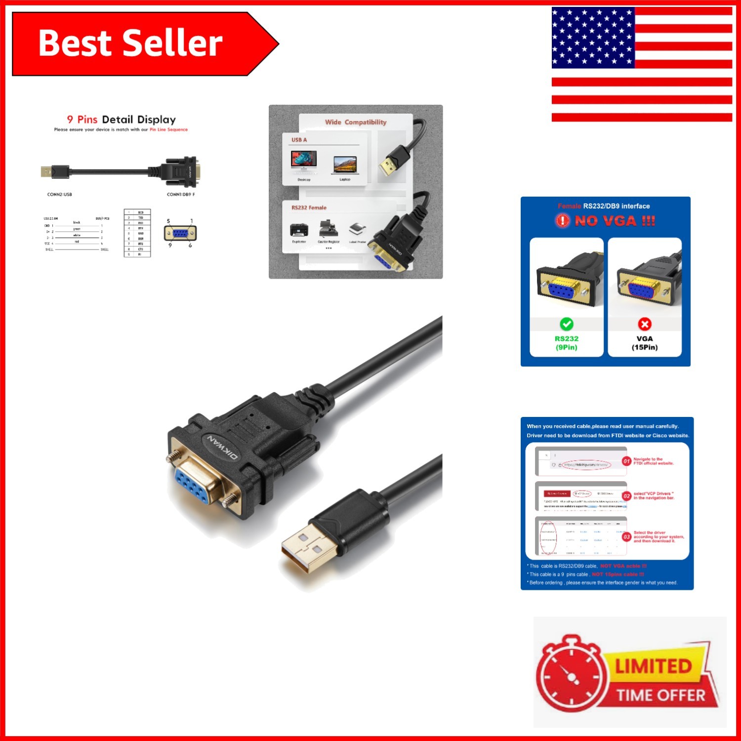 Versatile 10ft USB to RS232 DB9 Serial Adapter with Short Circuit Protection