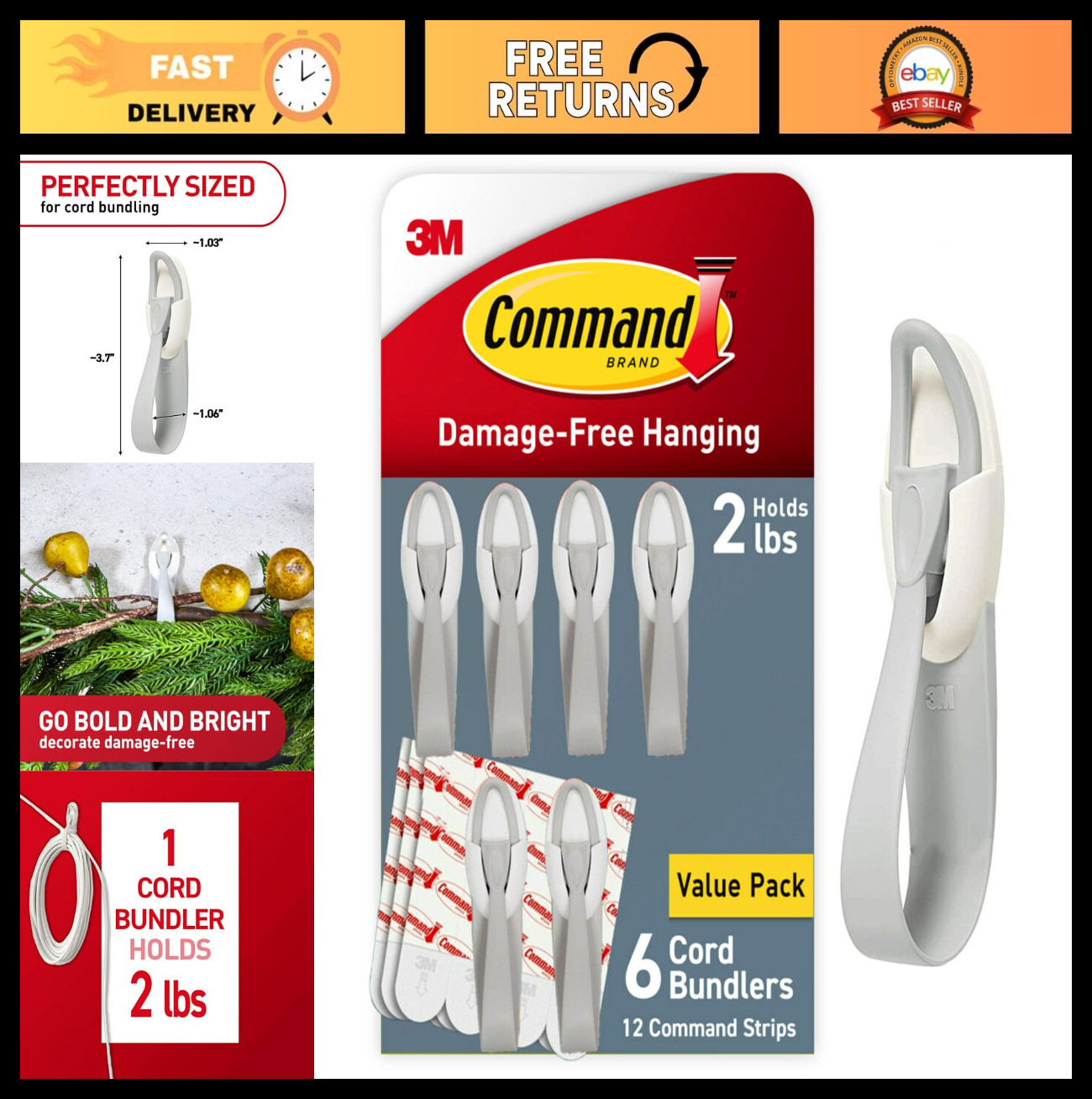 Damage-Free Cord Organizer - 6 Plastic Bundlers & 12 Strips for Cables, No Tools