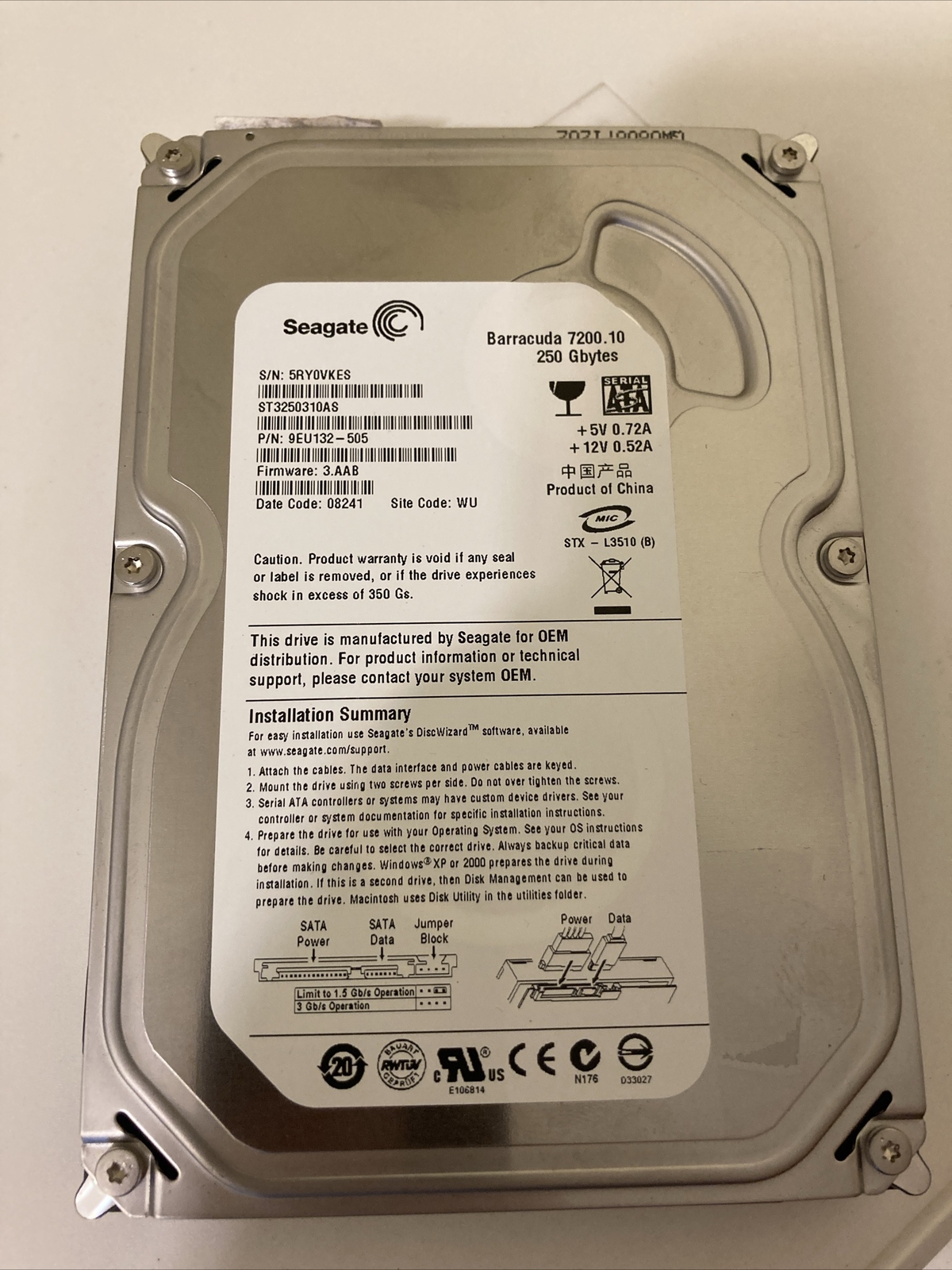 Seagate ST3250310AS Barracuda 7200.10, 250GB Desktop Hard Drive, P/N 9EU132-505