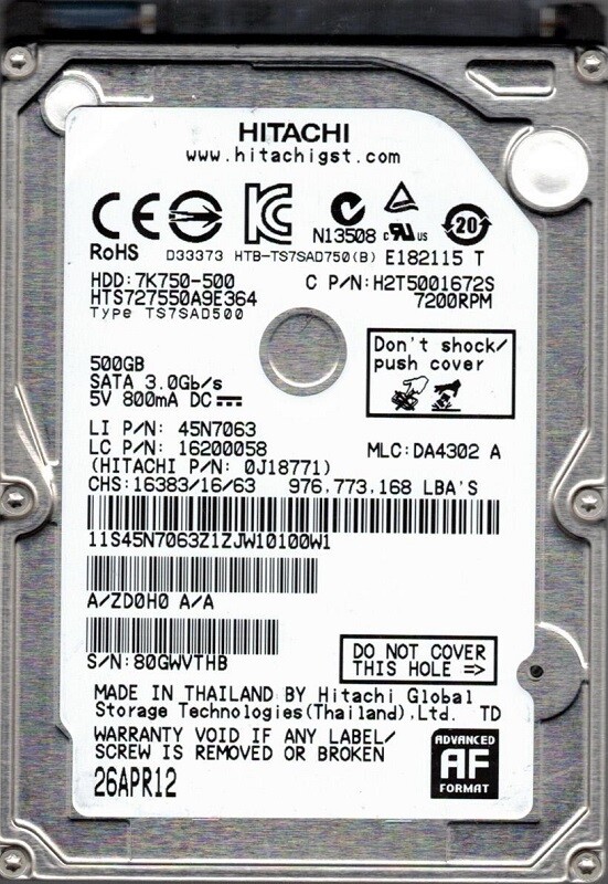 Hitachi HTS727550A9E364 P/N: 0J18771 MLC: DA4302 500GB