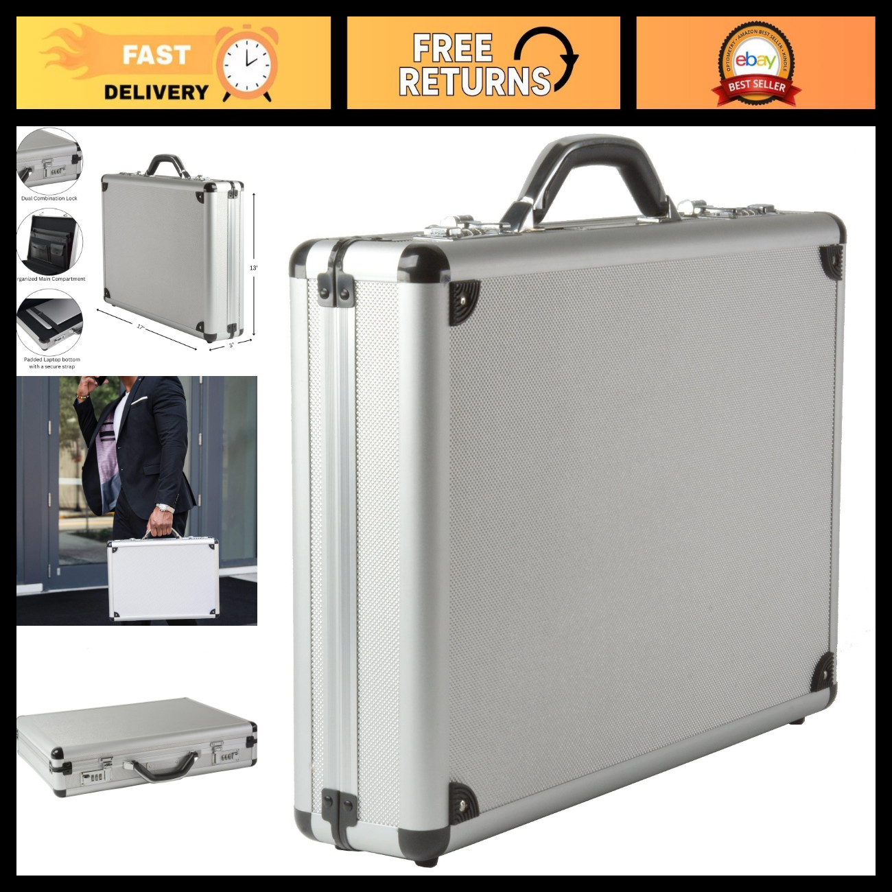 Padded Aluminum Briefcase for Men - Hard Shell Laptop Attache Case with Combo Lo