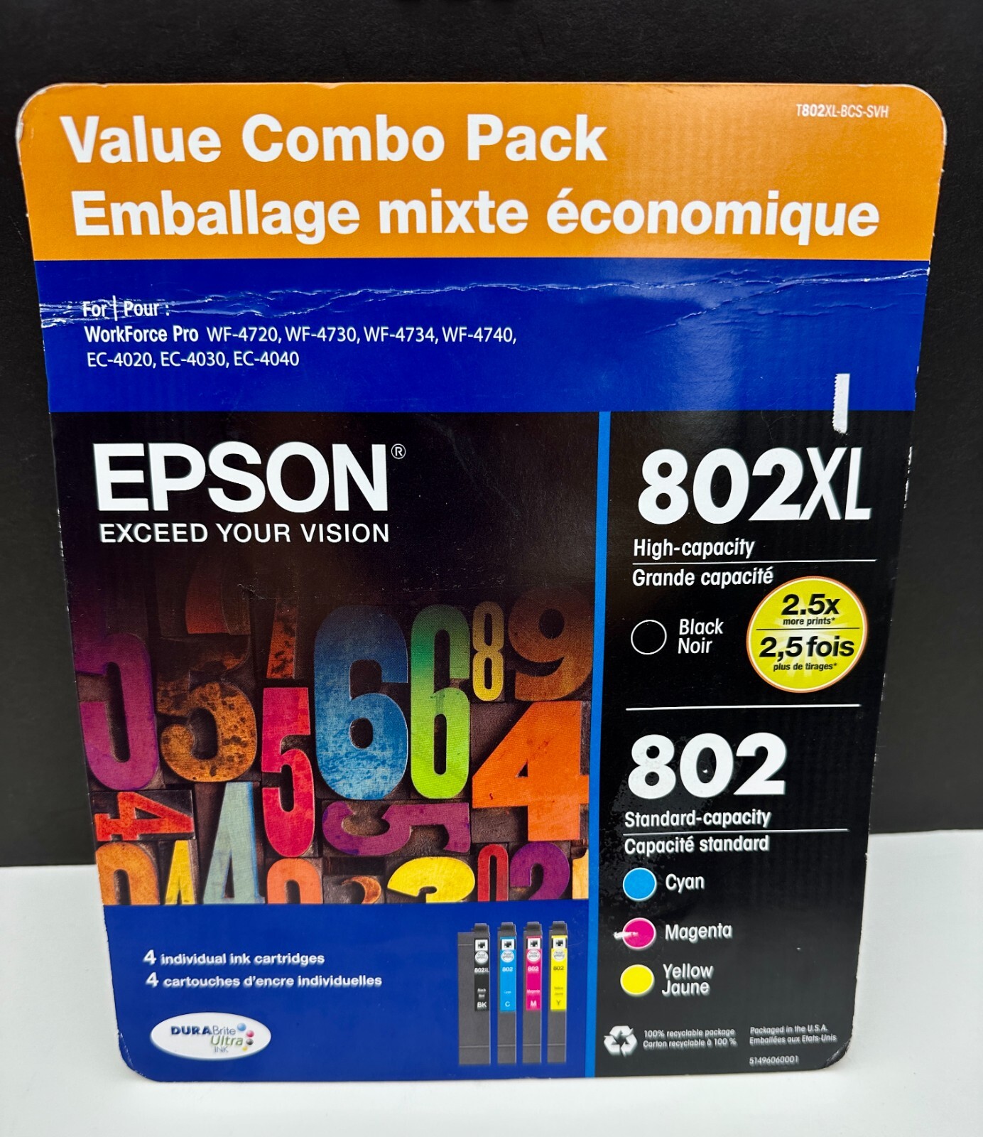 Epson 802XL High Capacity Black & 802 Standard Cyan Magenta Yellow Ink Cartridge