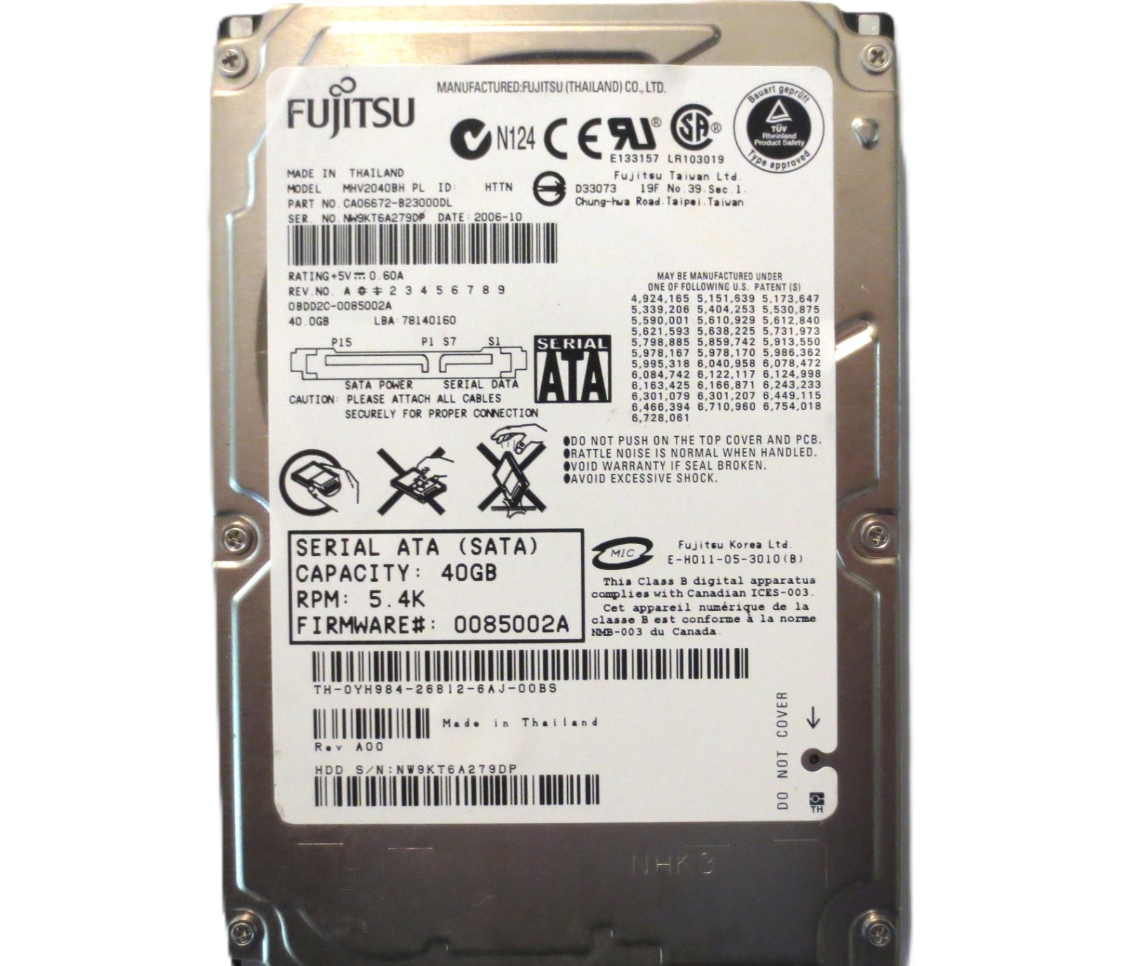 MHV2040BH PL CA06672-B23000DL 0BDD2C-0085002A (NW9) Thailand 40gb Sata 2006-10
