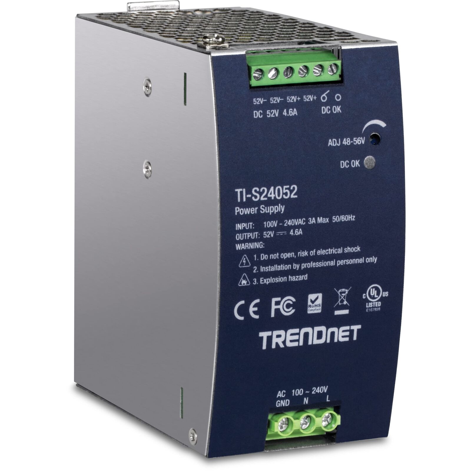 TRENDnet 240W, 52V DC, 4.61A AC to DC DIN-Rail Power Supply, TI-S24052, Industri