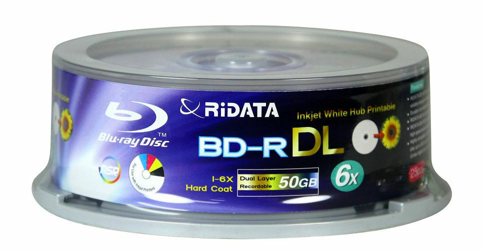 25 RIDATA 50GB Blank Blu-Ray BD-R DL 6X Dual Double Layer Inkjet Printable Disc