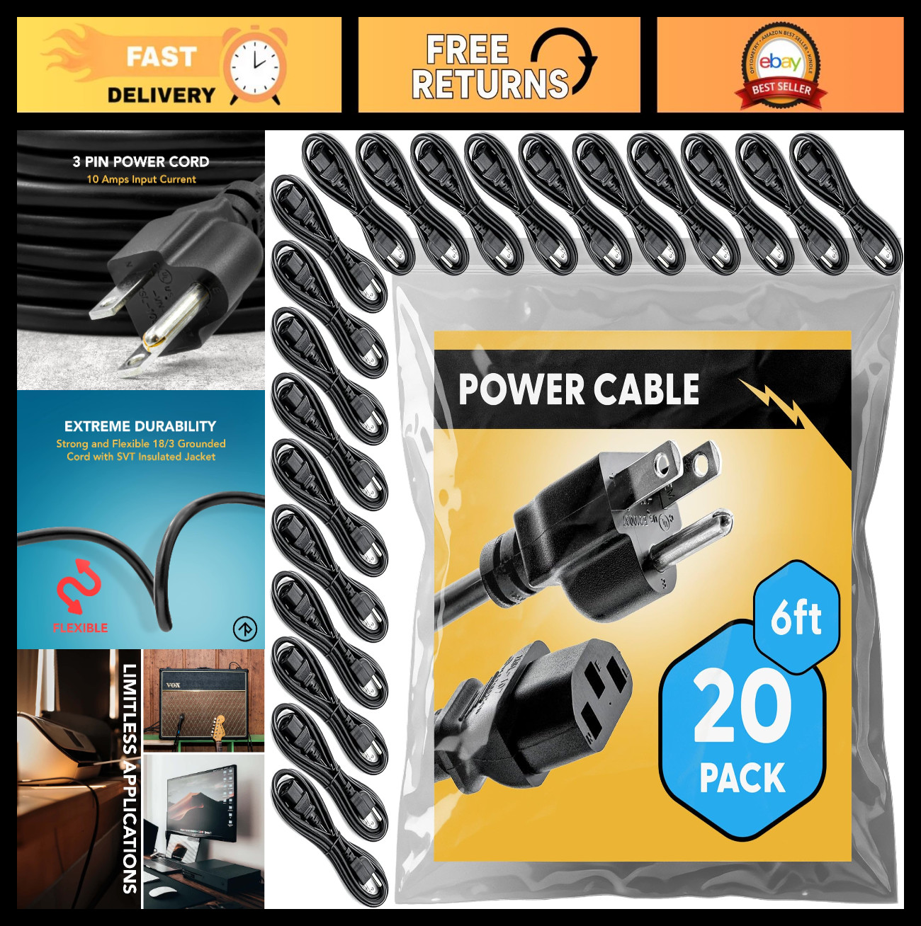6ft Universal Power Cord (20 Pack) - IEC C13 to NEMA 5-15P, 18AWG, 10A, 125V - I