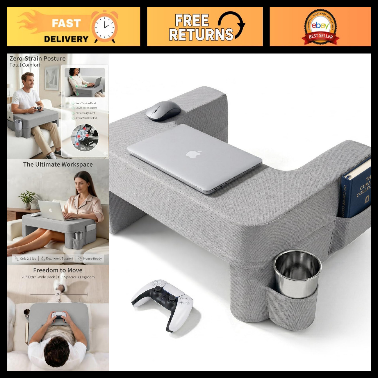 Large Ergonomic Lap Desk Pillow for Couch & Bed - Portable Laptop Stand