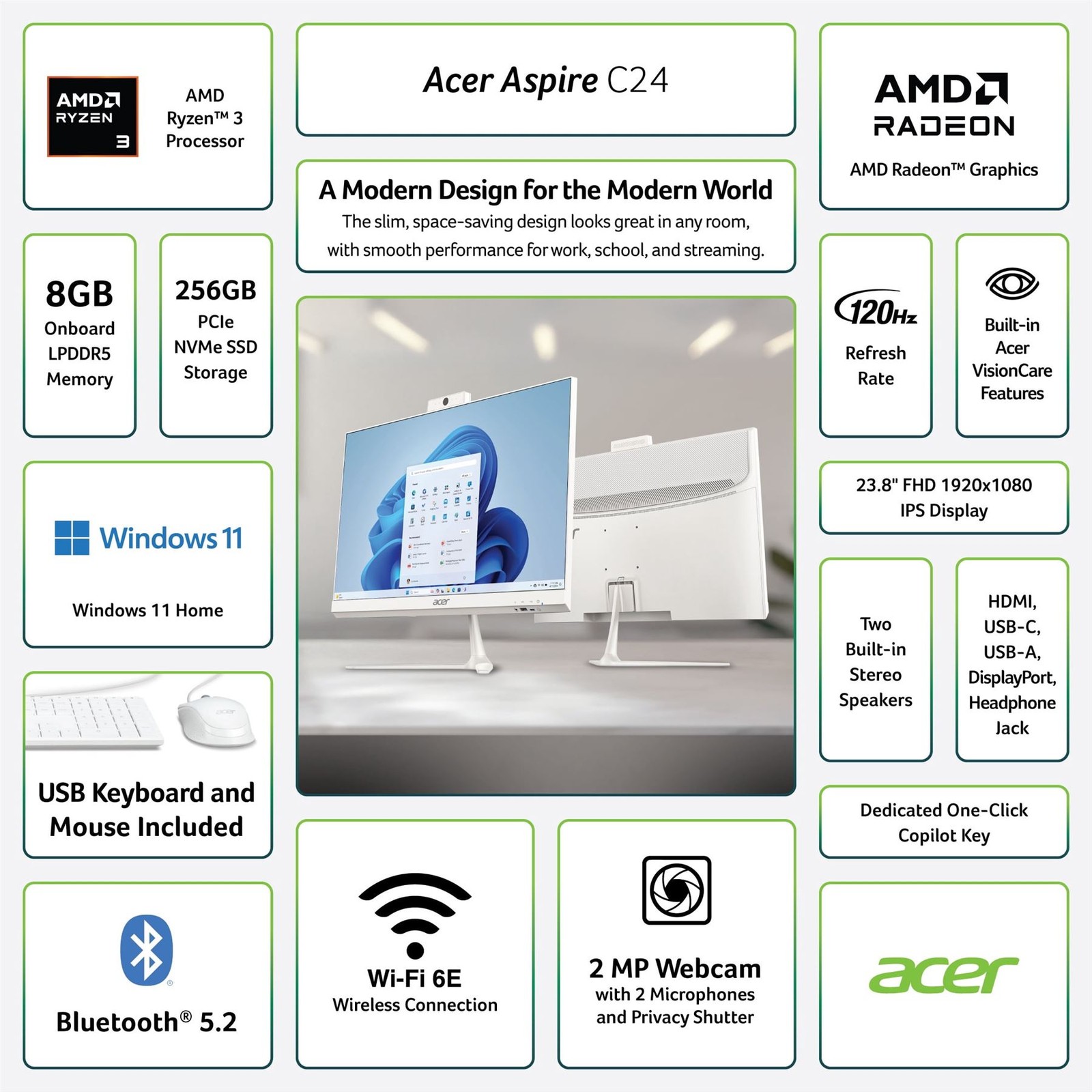 Acer C24B-GMDCR All-in-One AMD Ryzen 3-7320U 8GB RAM 256GB SSD Refurbished