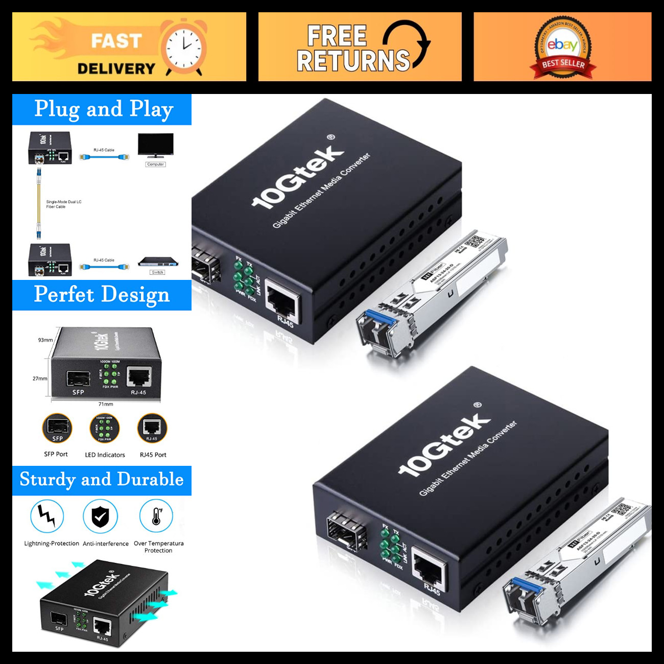 Gigabit Single Mode Fiber Media Converter with SFP LX Modules, 1.25G, 20km Range
