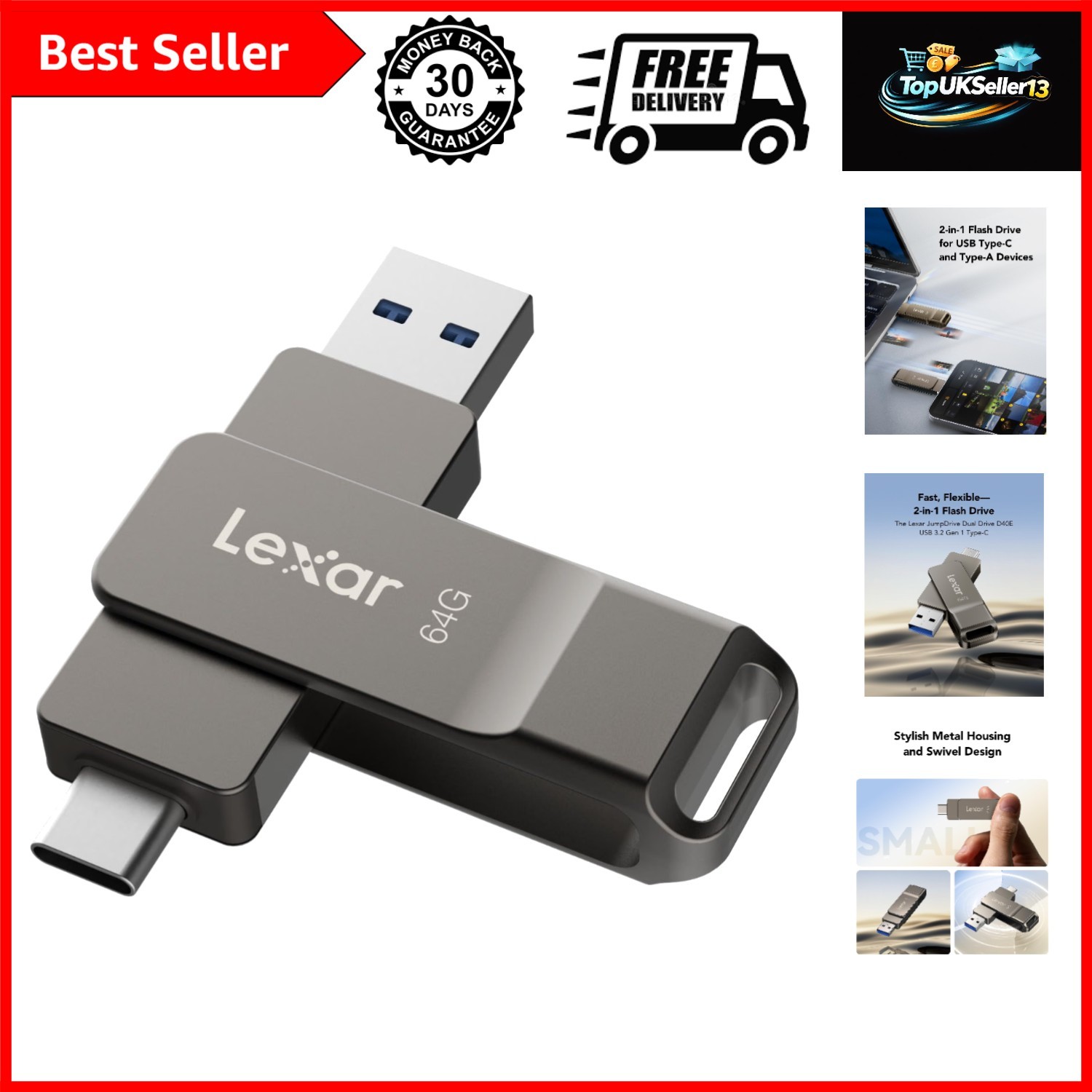 D40E 64GB Dual USB 3.2 Gen 1 Type-C Jump Drive, Titanium Grey