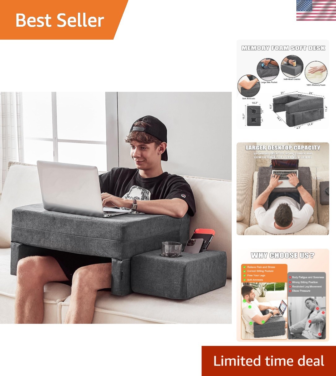 Lap Desk Pillow for Laptop Reading Bed Couch Work Gaming Grey Large