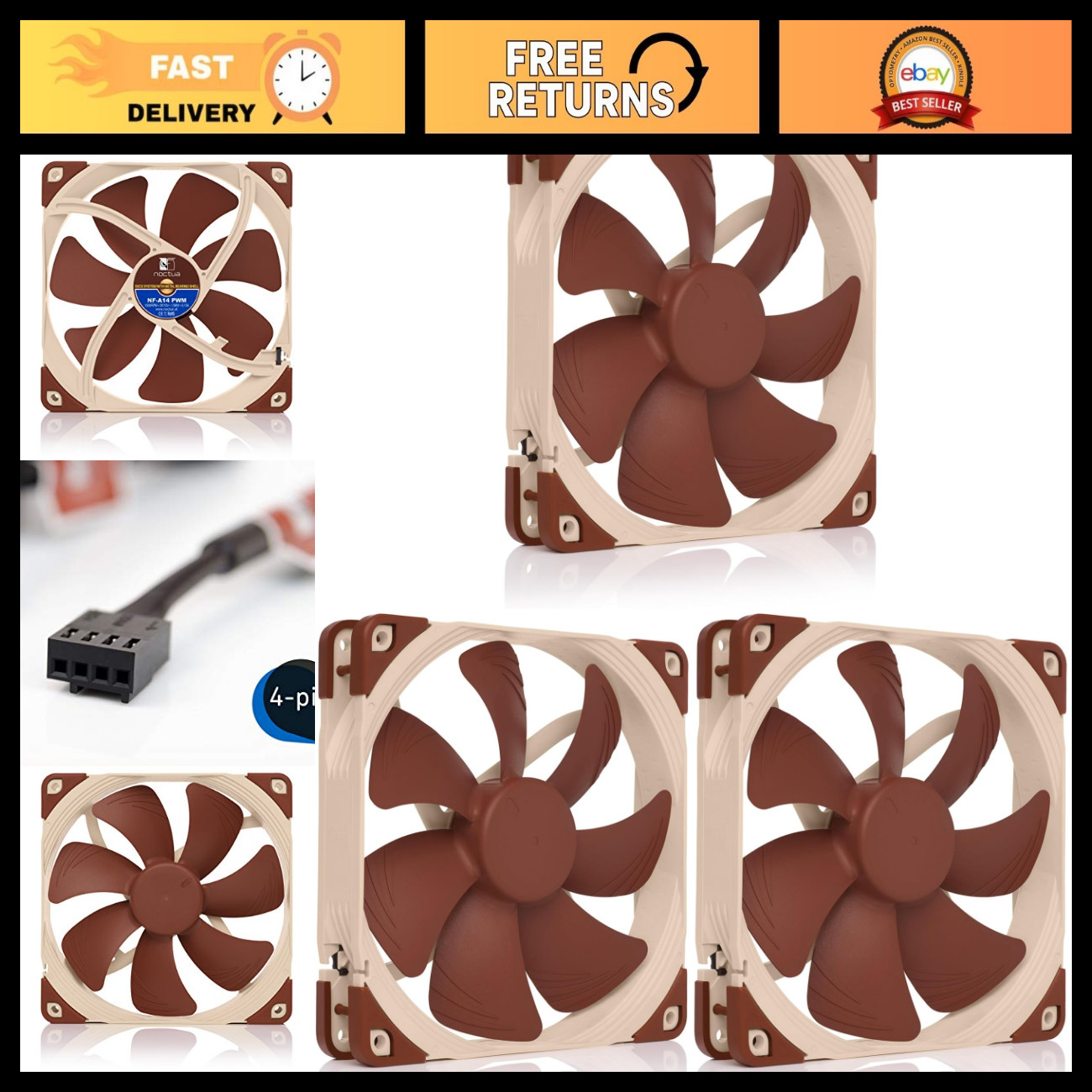 140mm Quiet PWM Fan - High Airflow, Low Noise, 4-Pin, Pack of 3, Ideal for Cooli
