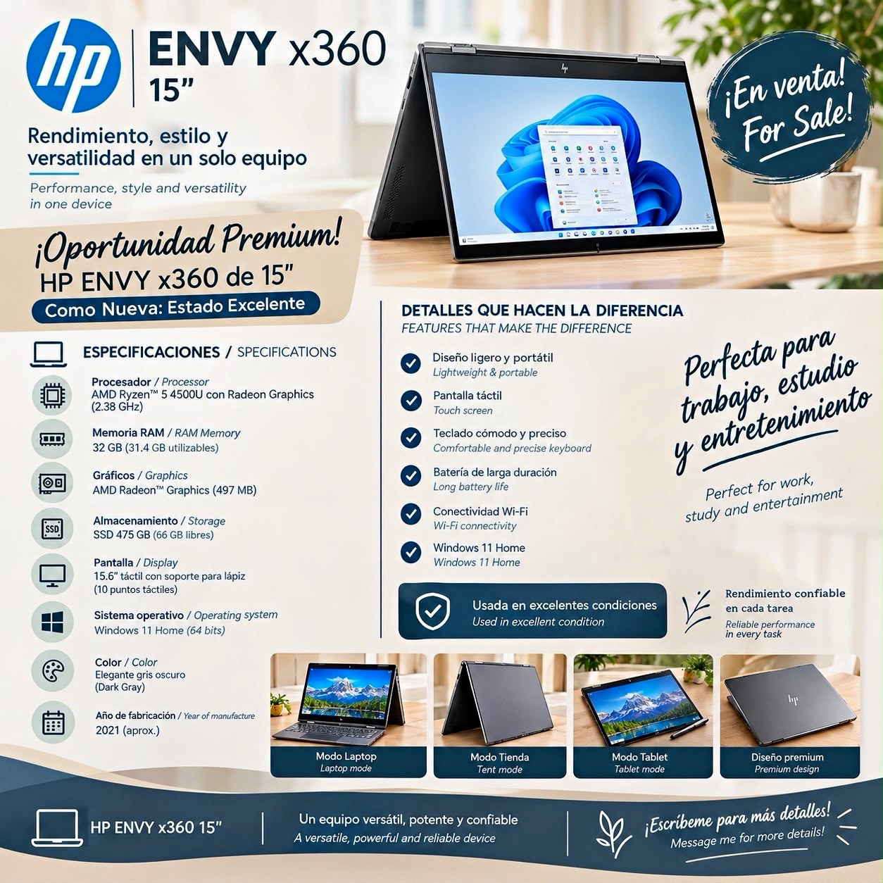 HP ENVY x360 15in 2-in-1 Ryzen 7 5450U 32GB 475GB SSD Win11 Home