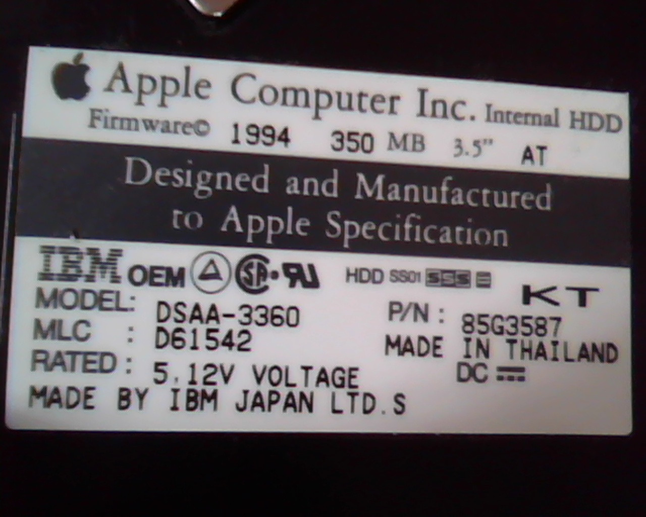 Hard Drive Disk IDE AT Apple IBM DSAA-3360 D61542 85G3587 3.5 PA9