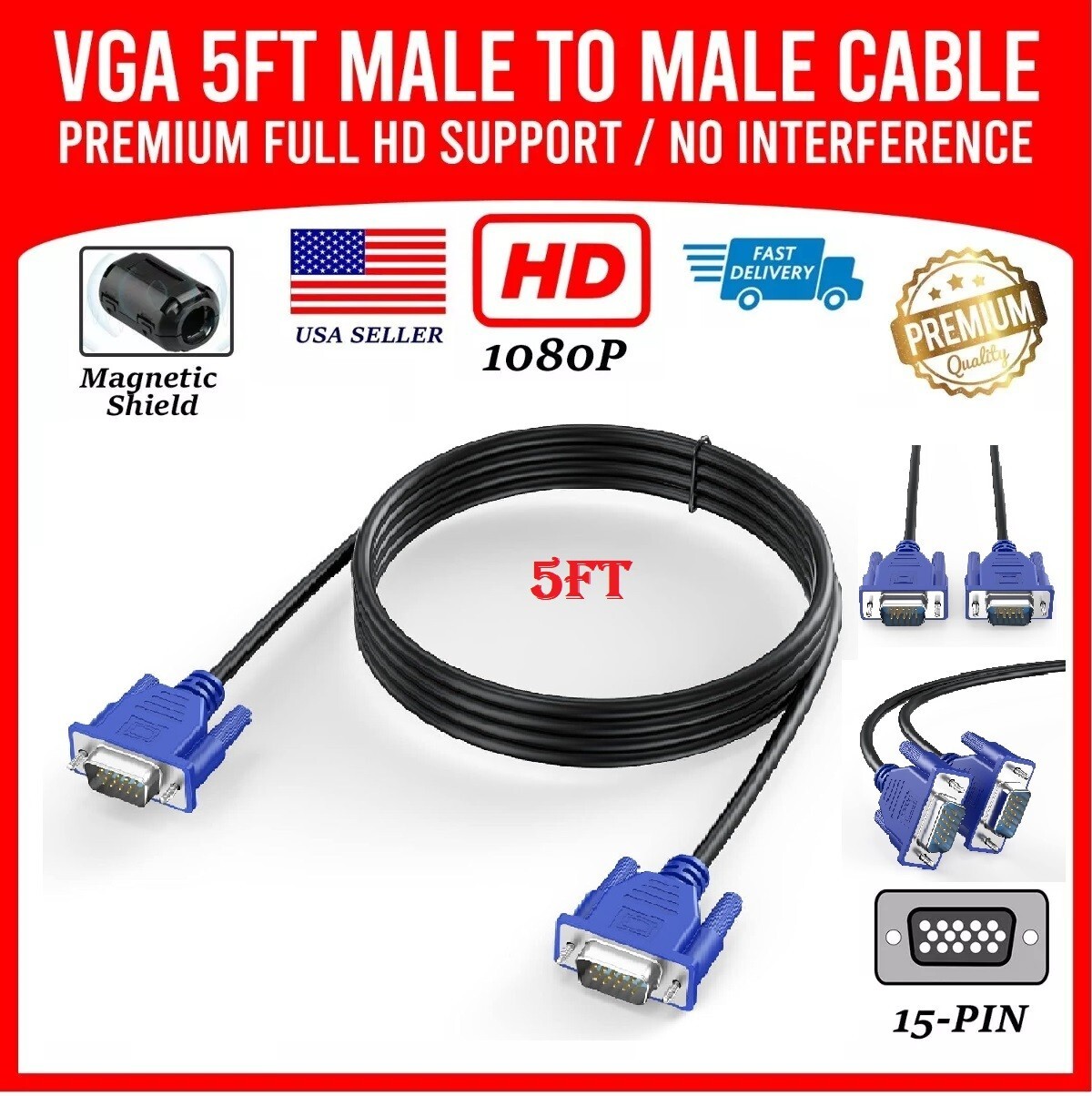 US Seller Fast Shipping 5FT VGA SVGA Cable Adapter Male to Male LCD PC TV