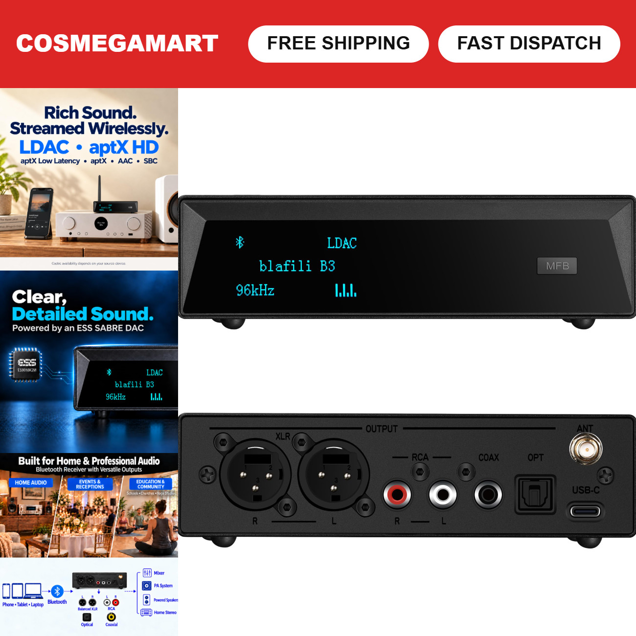 Professional XLR Bluetooth 5.1 Audio Receiver with LDAC & aptX HD - High-Quality