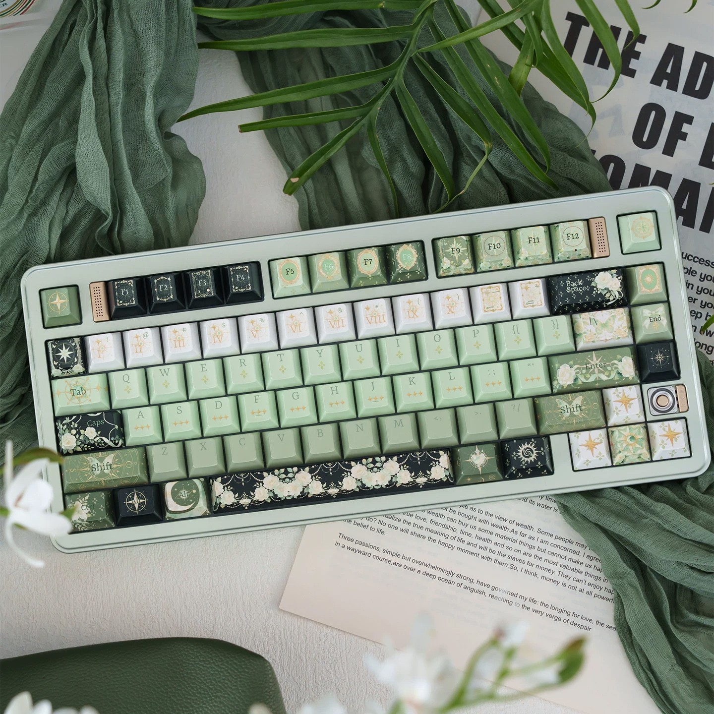 URE Green Starry Night PBT Keycaps Cherry Profile Mechanical Keyboard Floral