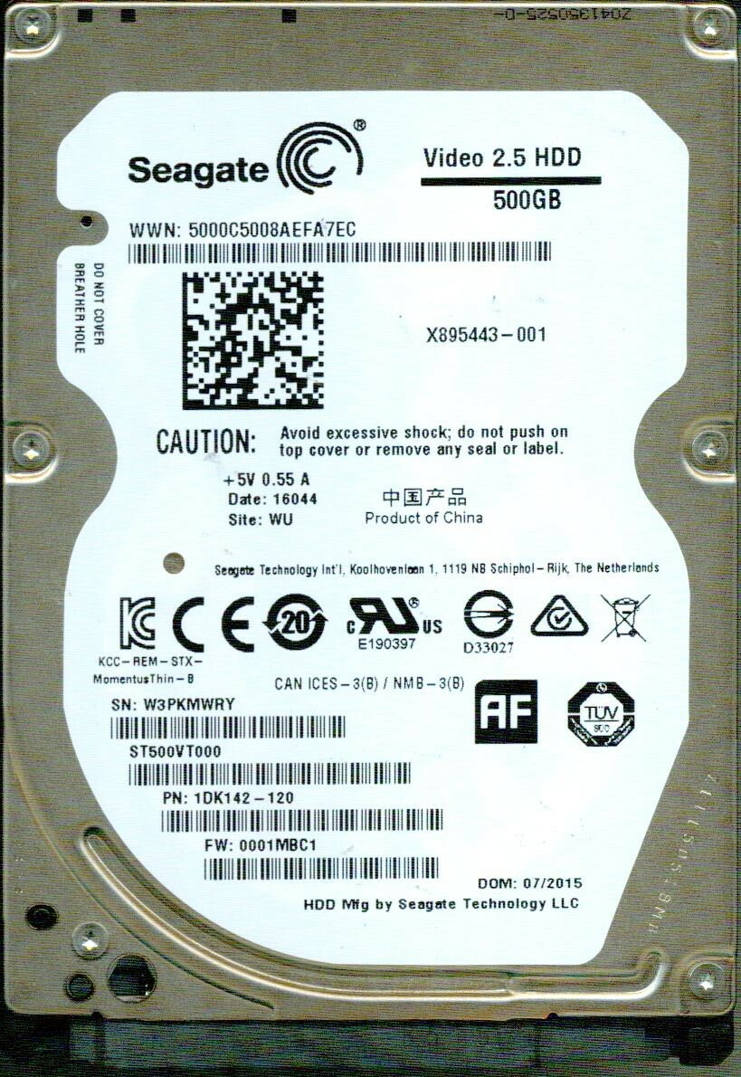 ST500VT000,  1DK142-120  F/W: 0001MBC1  WU  W3PK  SEAGATE SATA 500GB  16044