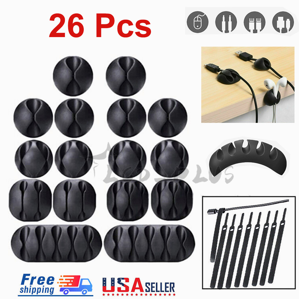26PCS Cable Clips Cord Management Wire Tie Holder Organizer Clamps Self-Adhesive