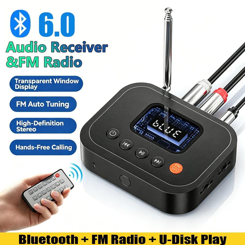 Bluetooth 6.0 Audio Receiver 3.5mm AUX RCA Wireless Adapter FM Radio with Remote