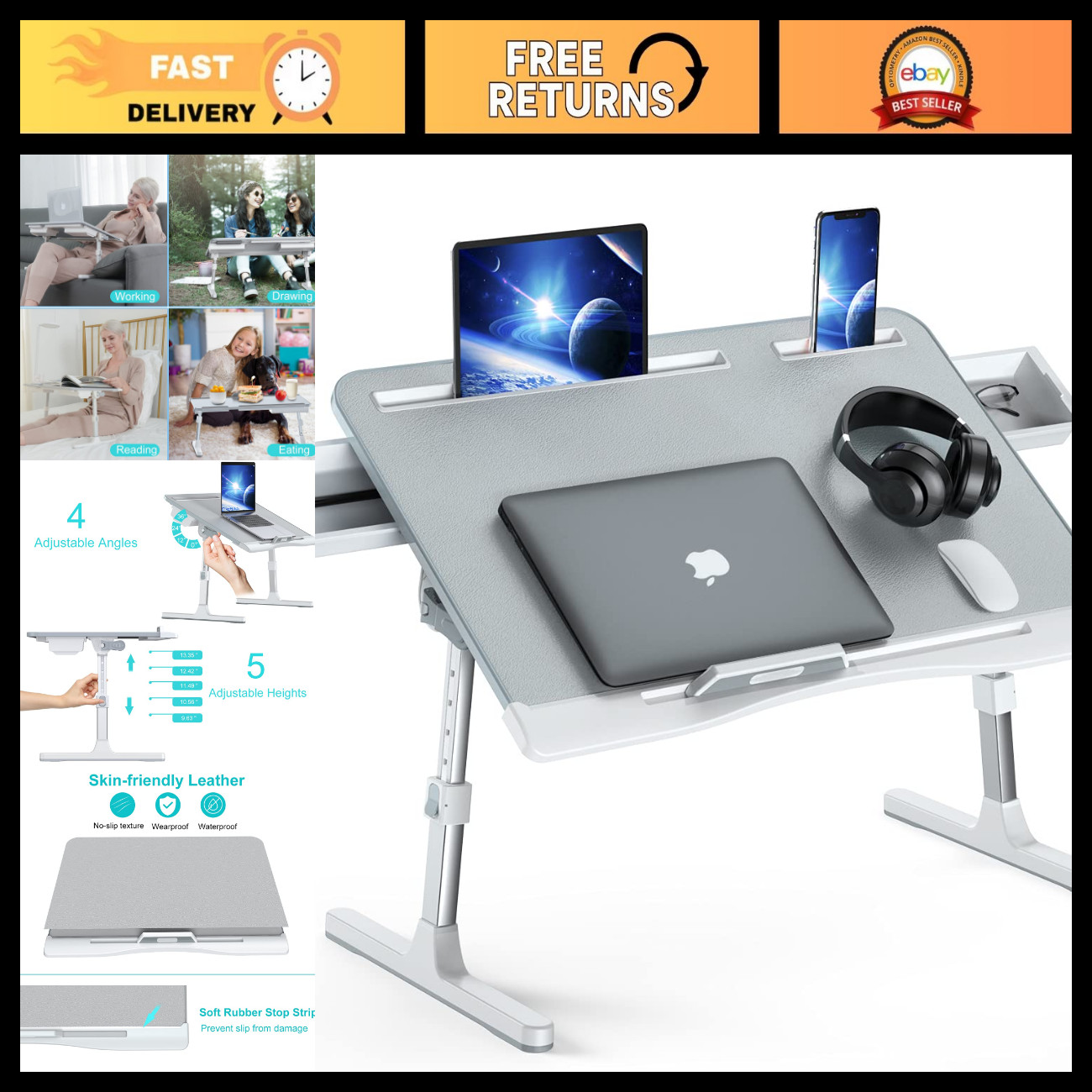 Foldable Adjustable Laptop Bed Tray Desk - Sturdy Lap Table with 2 Drawers, Grey