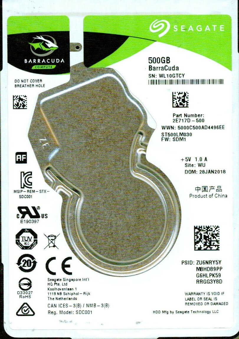 ST500LM030,  2E717D-500,  F/W: SDM1  WU  WL10  SEAGATE SATA 500GB  JAN 2018