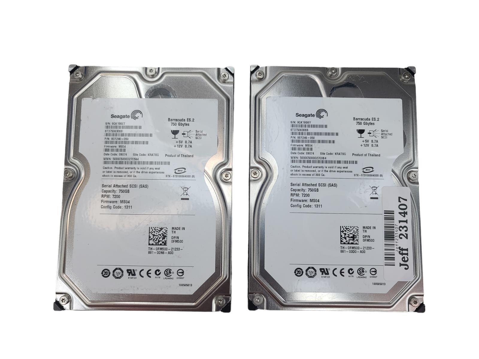 Lot Of 2 Dell Seagate ST3750630SS 750GB 7.2K SAS 3.5 3G HDD Hard Disc Drive