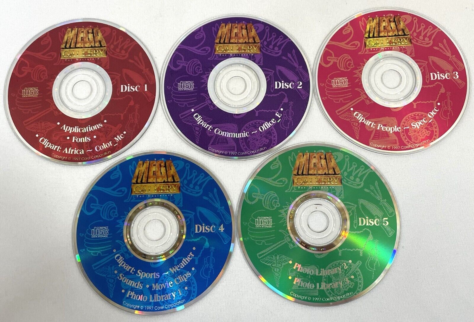 Vintage 1997 Corel MEGA Gallery 1-5 CD-ROM Discs Macintosh Apple Mac Software
