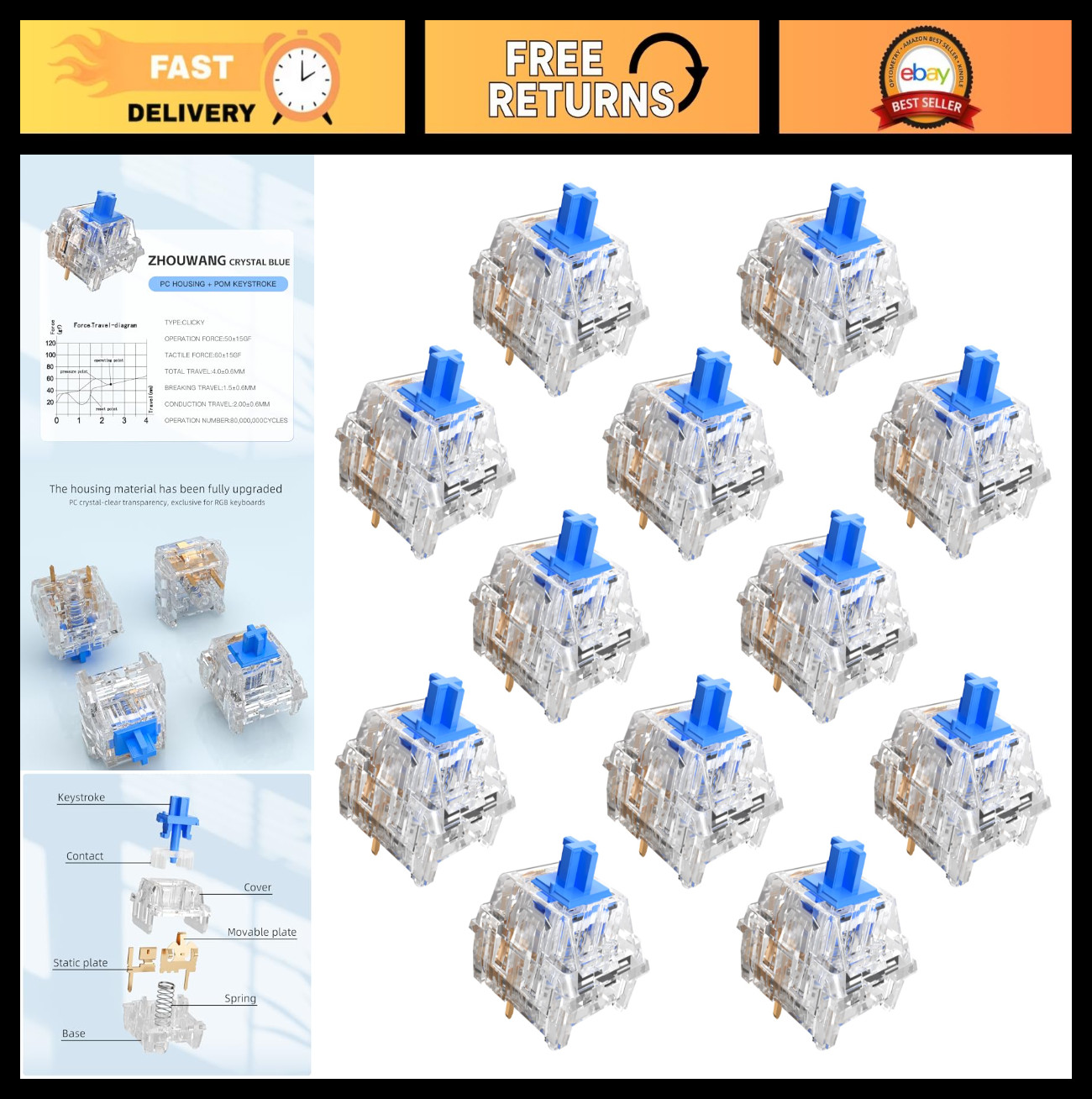 72PCS Crystal Blue Clicky Mechanical Keyboard Switches, 3-Pin Hot-Swap, Pre-Lube