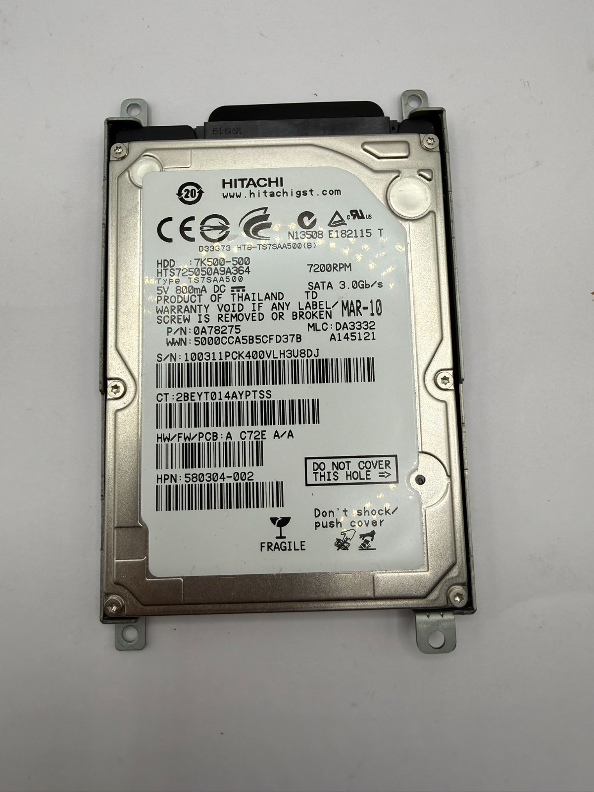 Hitachi HTS725050A9A364 500GB 7200RPM SATA 3Gb/s 2.5in Laptop Hard Drive