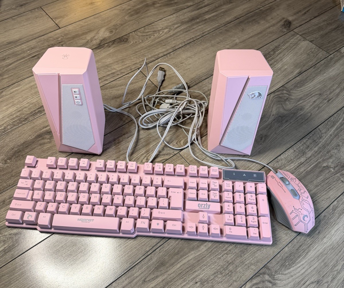 Orzly Hornet RX250 Pink Gaming Keyboard Mouse + Redragon GS520 RGB Speakers