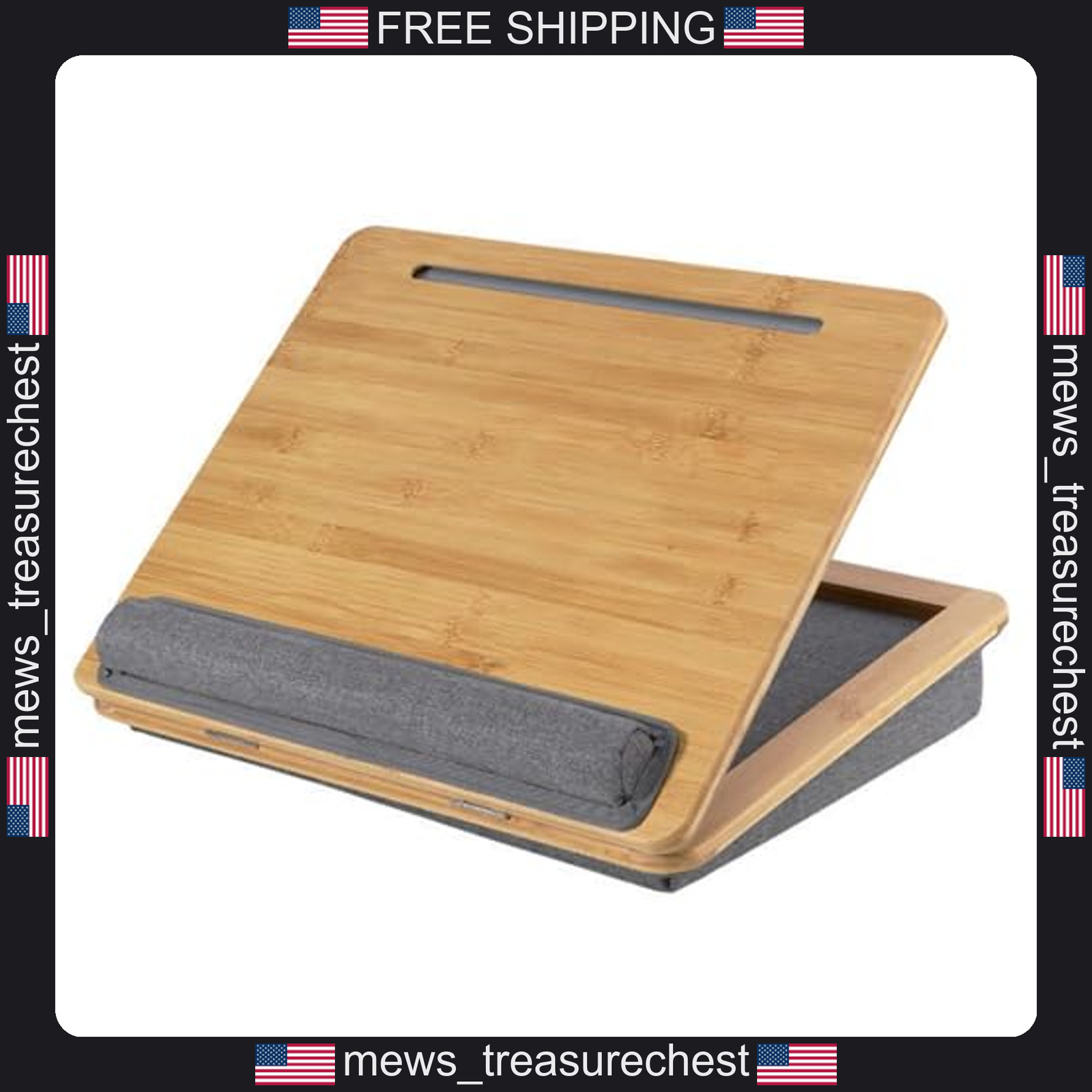 Adjustable Bamboo Laptop Lap Desk with Cushion and Phone Holder