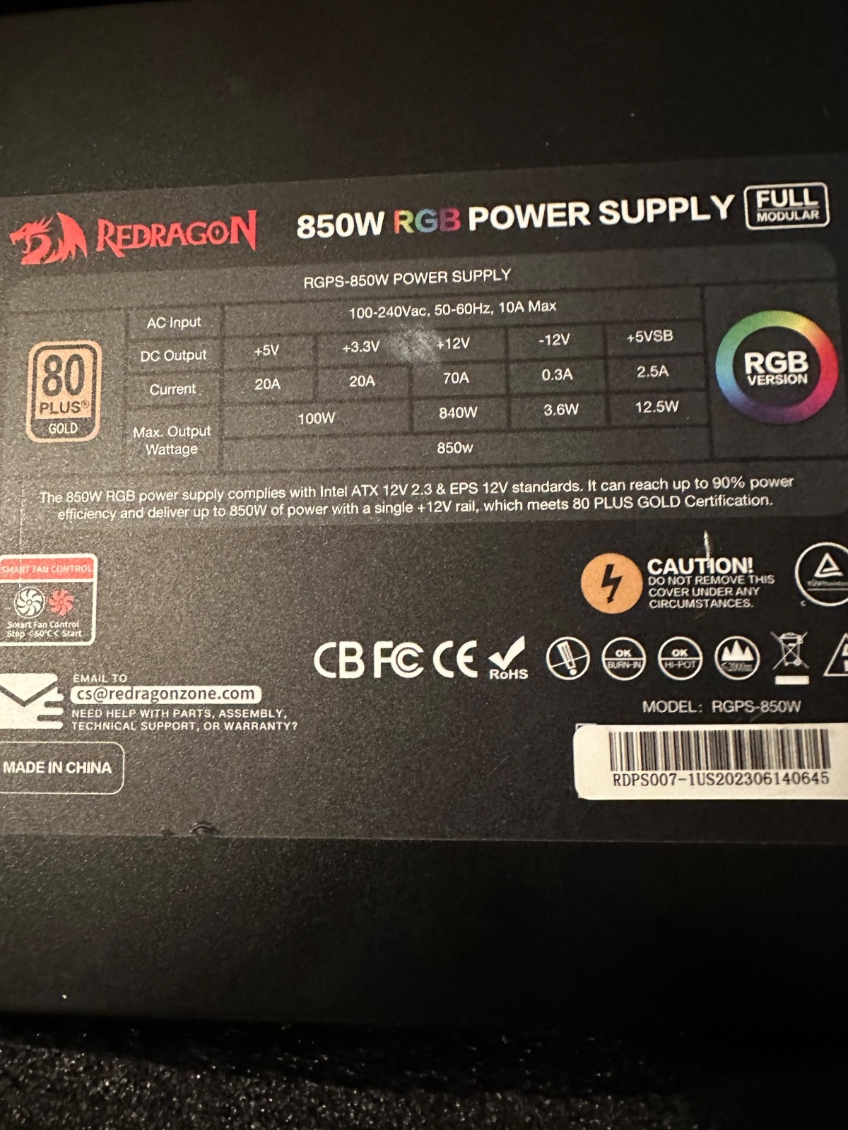 Red Dragon 850W RGB 80 PLUS GOLD FULL MODULAR POWER SUPPLY