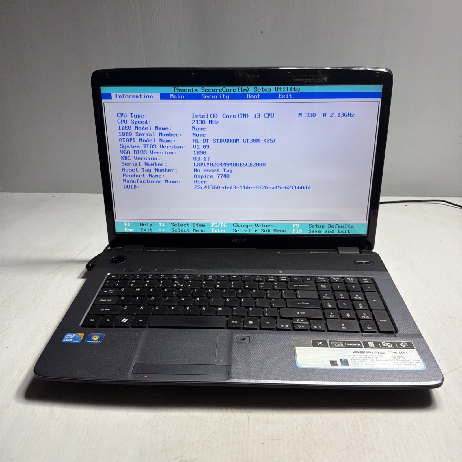 Acer Aspire 7740 17" Laptop I3-M330 4gb Ram NO Drives Boots Bios Bad Keyboard