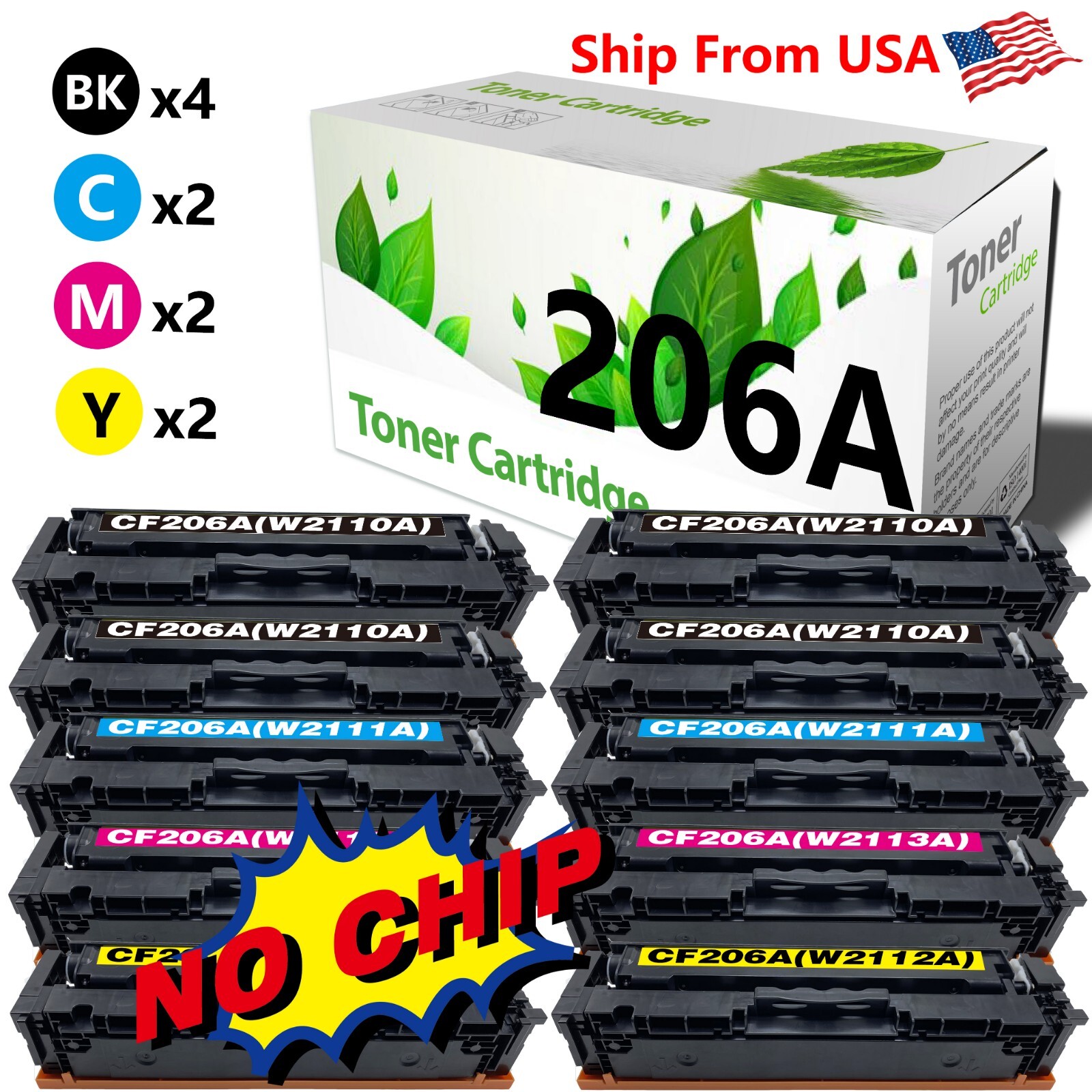 10Pack CF206A Toner Cartridges W2110A-13A no chip for M255nw M282nw M283cdw
