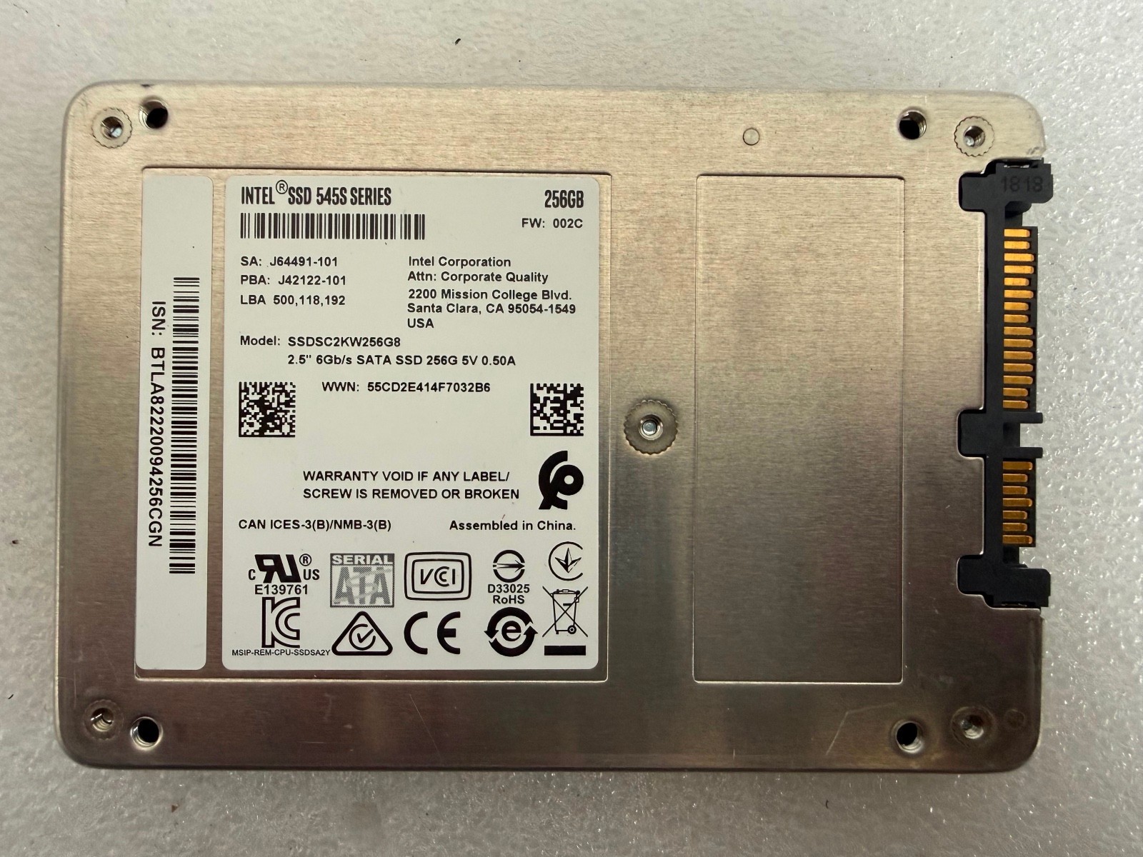 Intel 545S Series 256GB 2.5" SATA 6Gb/s SSD SSDSC2KW256G8