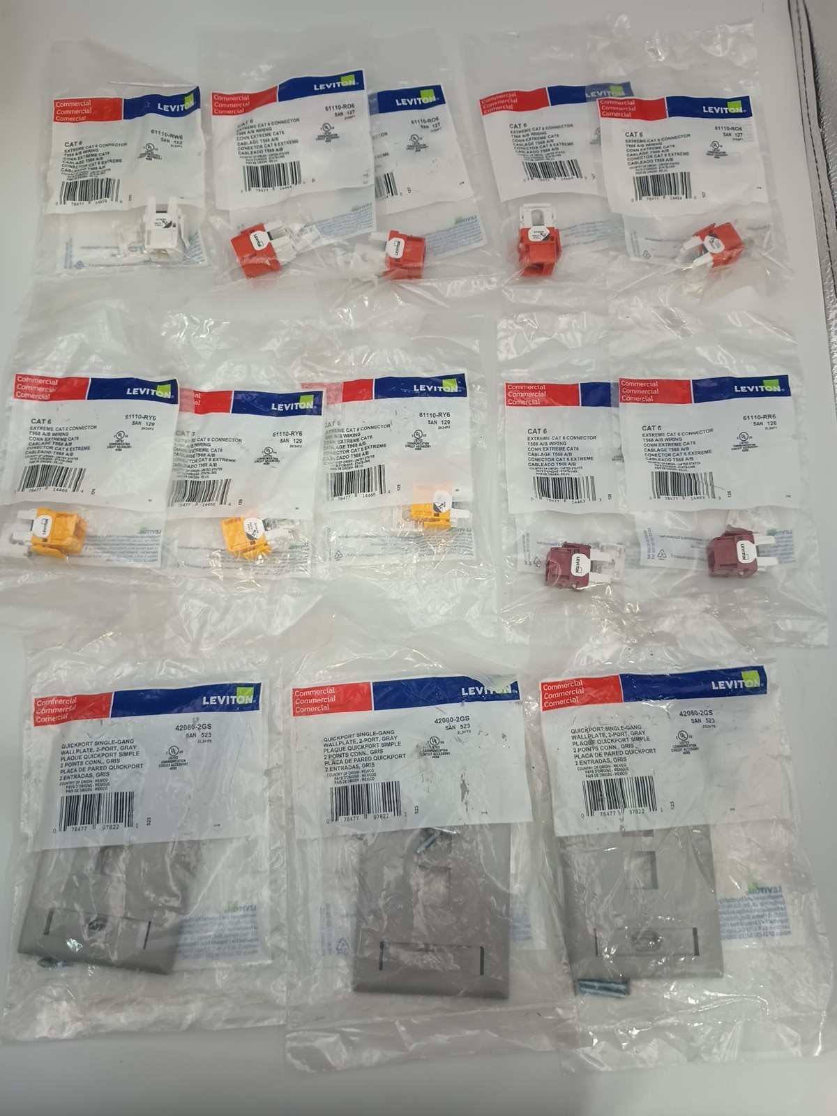Lot LEVITON 61110-RR6 61110-RO6 61110-RY6  Extreme Cat 6 Connectors & Wallplates