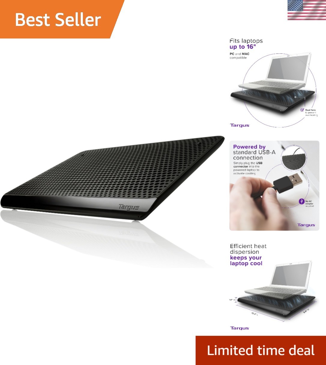 Versatile Laptop Cooler Mat with Dual Fans & Rubber Grip - Fits 16-Inch Laptops