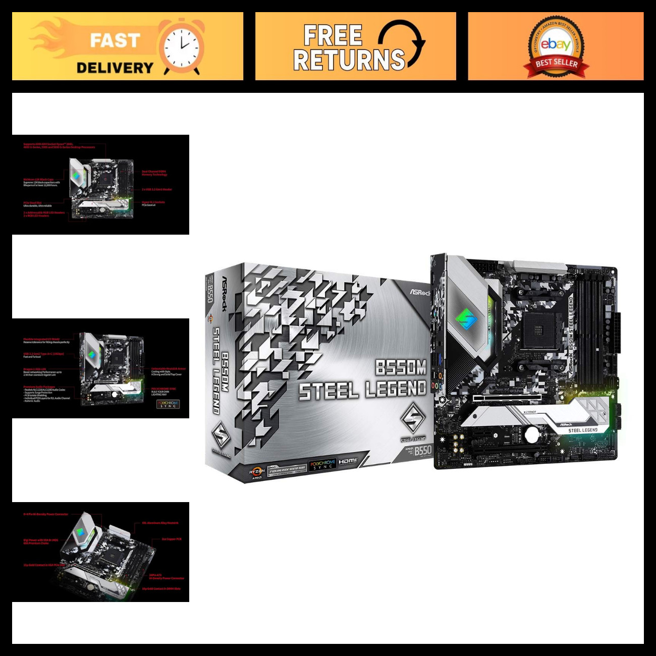 B550M Steel Legend Motherboard for AMD AM4 Ryzen 3rd Gen & Future CPUs - ATX For