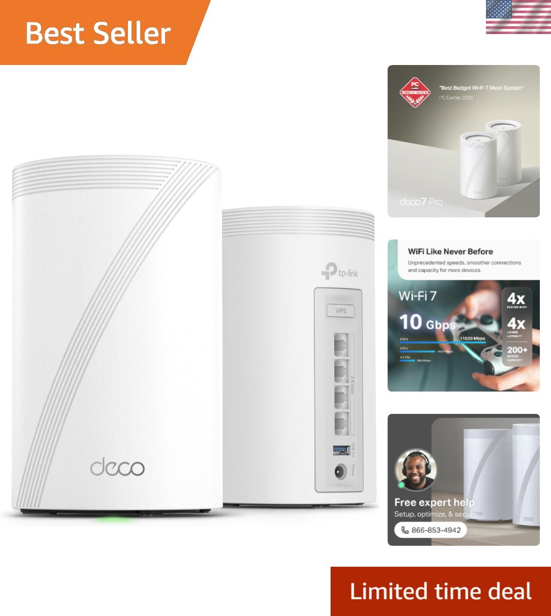 High-Speed Deco 7 Pro Tri-Band WiFi 7 System - Covers 5800 sq.ft, 4x2.5G Ports