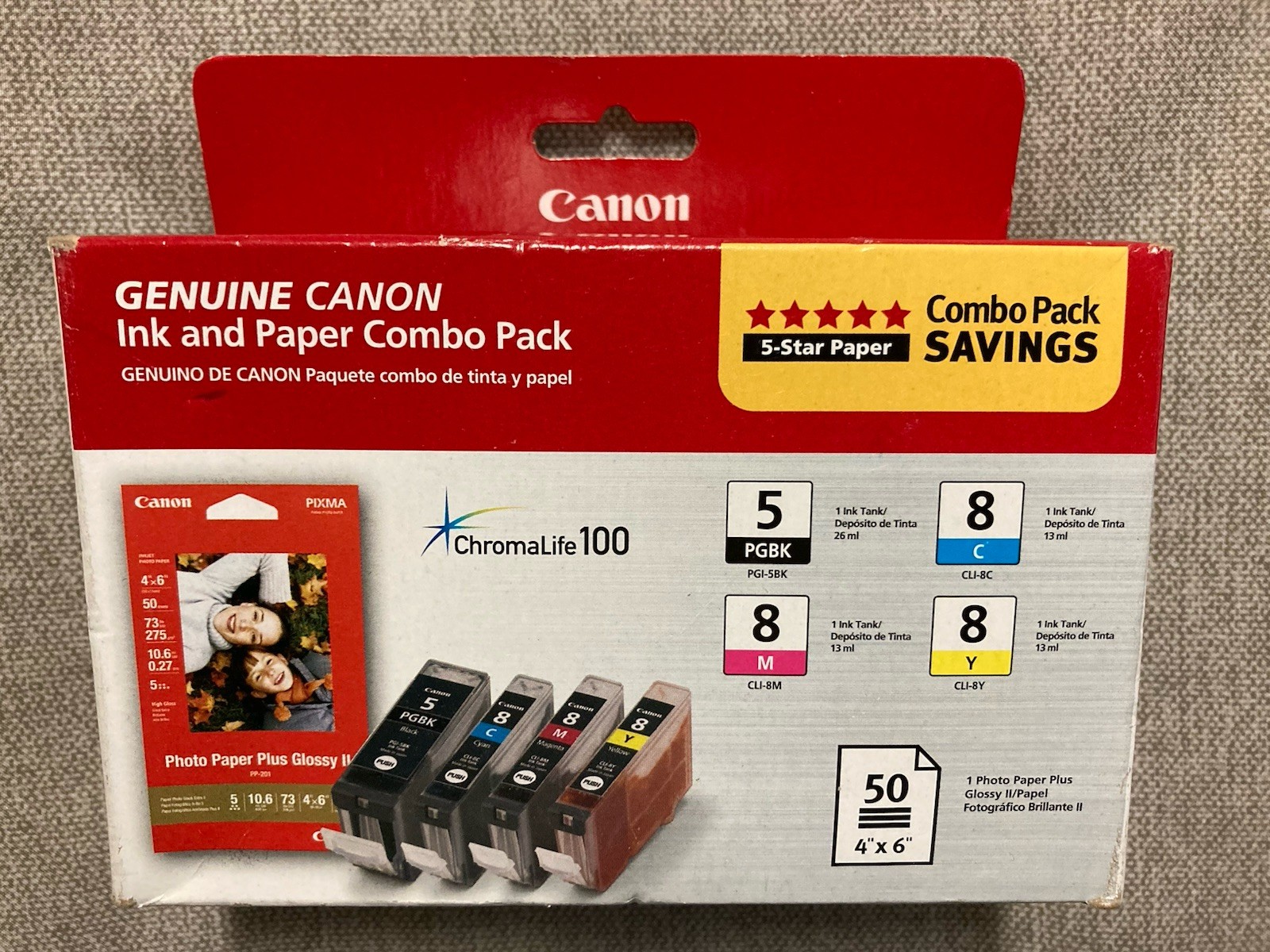 Canon PGI-5 Black, CLI-8 CMY w PP-201 photo paper (50 Sheets) lot Combo Pack