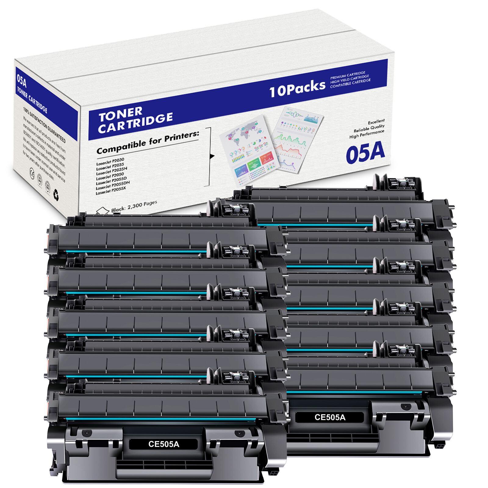 10x Black Toner 05A for HP CE505A Toner LaserJet P2035 P2055DN P2055D P2030