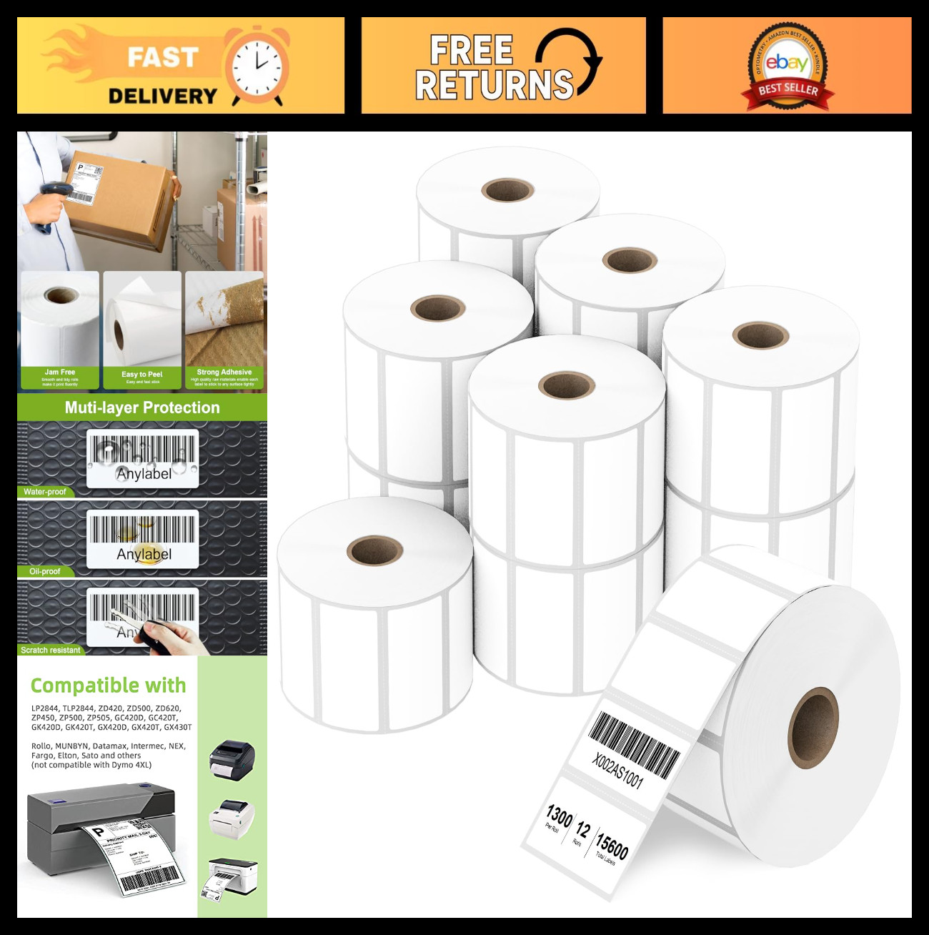 2" x 1" Direct Thermal Barcode Labels - 12 Rolls, 1300 Labels/Roll, Compatible w