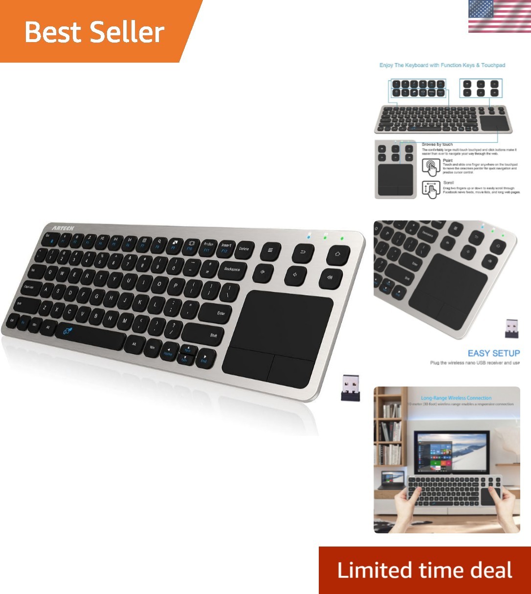 2.4G Wireless Touch TV Keyboard with Easy Media Control and Built-in Touchpad...