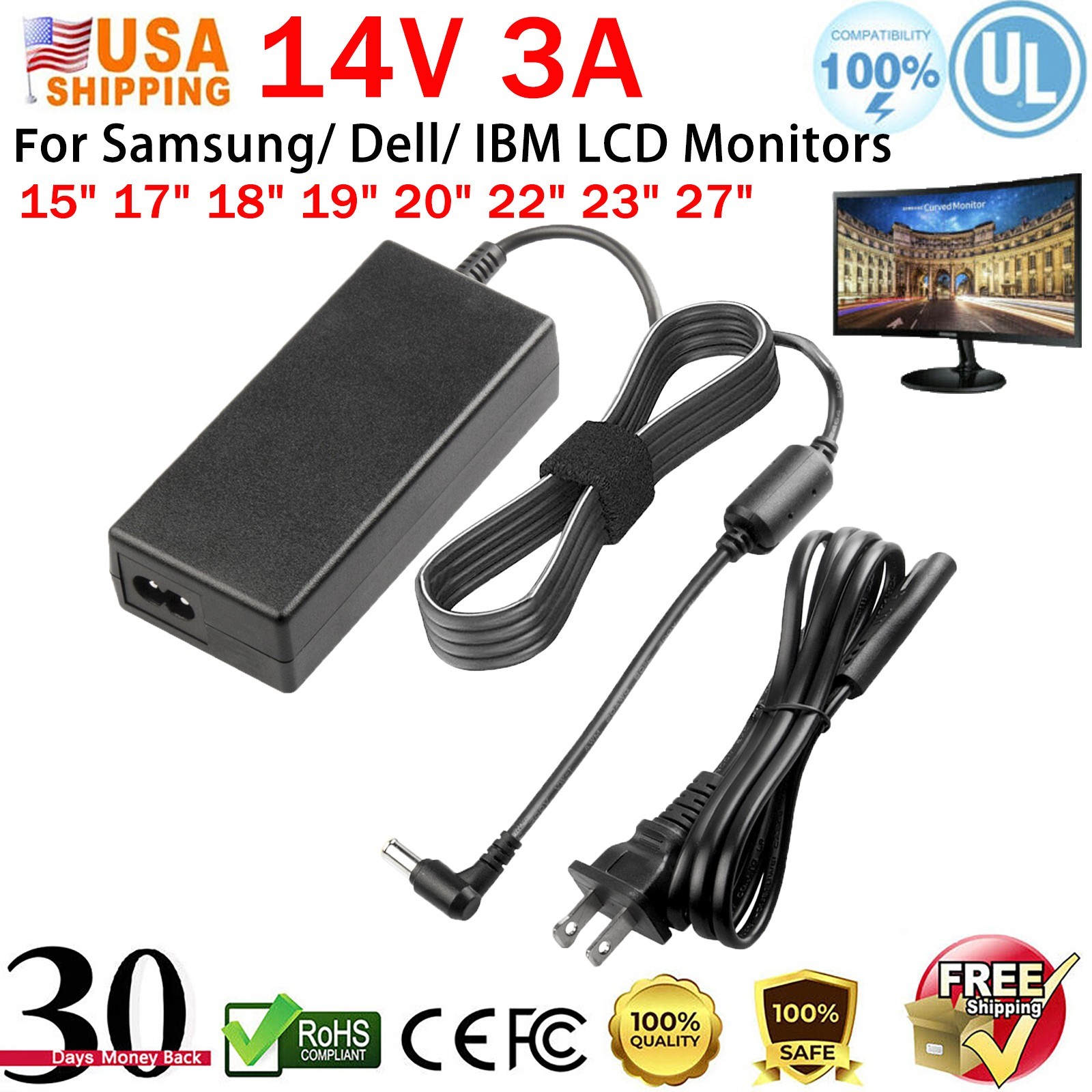 AC Adapter For Samsung SyncMaster S24A300B LED Monitor Power Supply Cord Charger