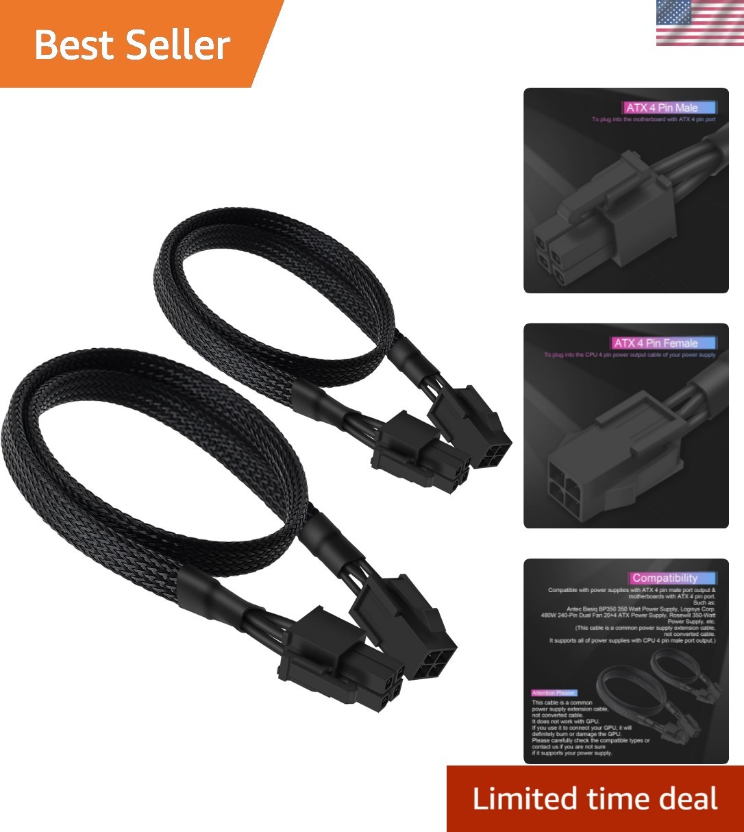 2-Pack ATX 4 Pin Extension Cable, Motherboard CPU 4pin Male to Female Adapter...