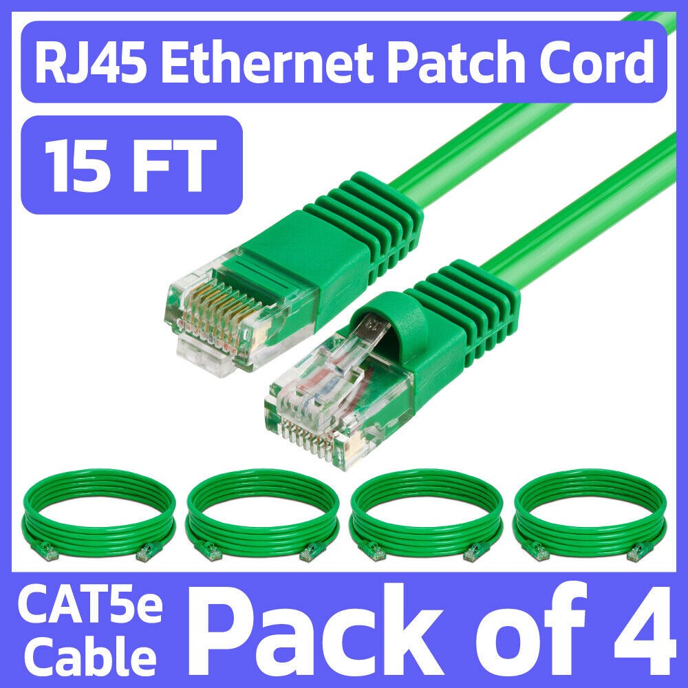 4 Pack Cat5e Cable Green 15FT Lan Ethernet Patch Cord Network Internet Wire RJ45